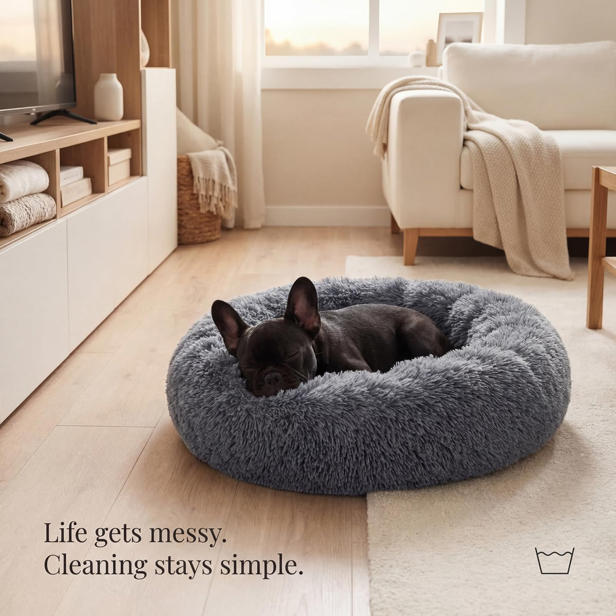 Small Anti-Anxiety Machine Washable Fluffy Round Dog Bed P410