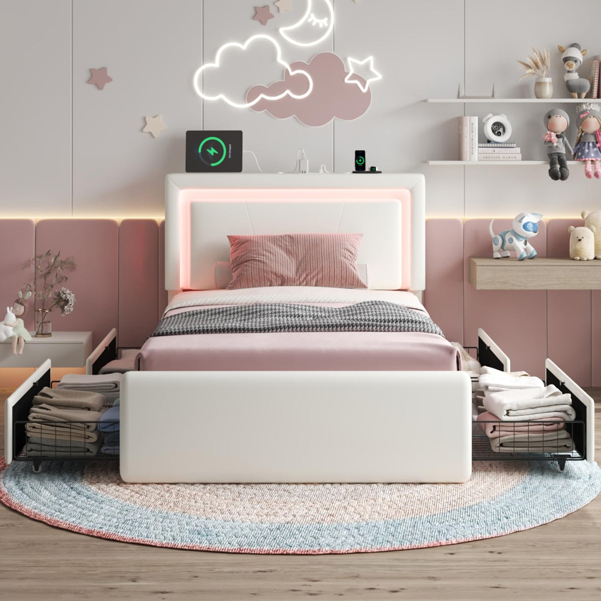 White Twin Size Bed Frame with 4 Storage Drawers I34608