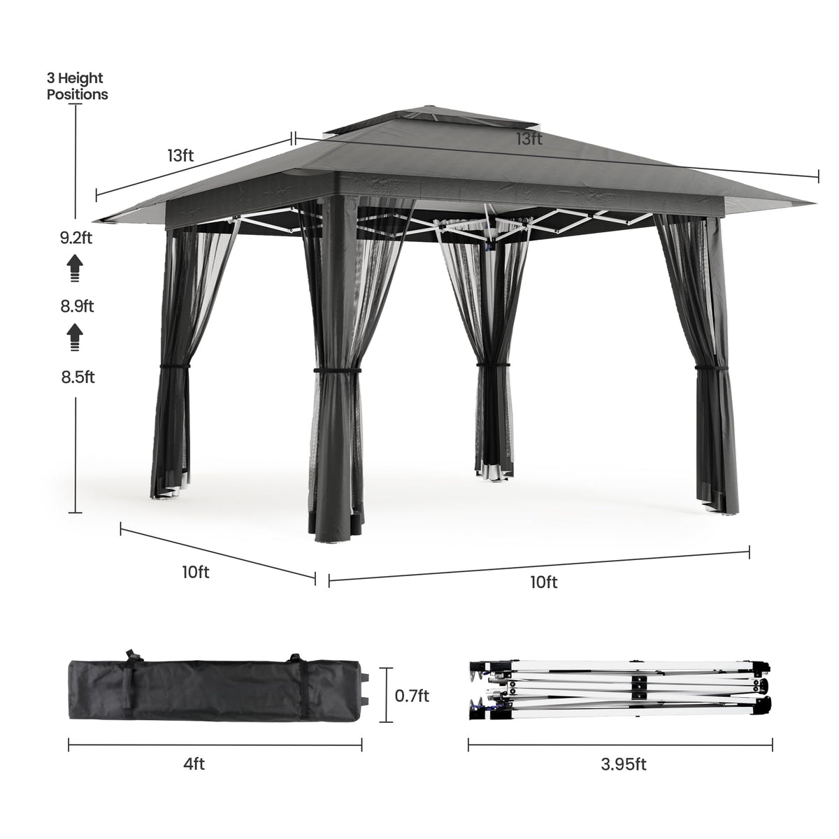 13x13 Pop Up Gazebo Tent with Mosquito Netting Grey T11332