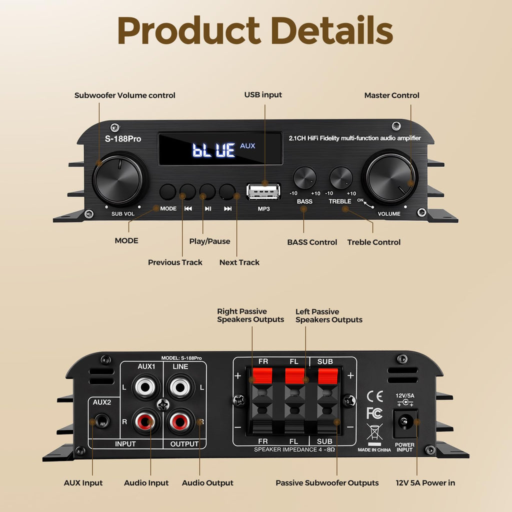 2.1 Channel Stereo Audio Amplifier Bluetooth 5.0 with Remote K286718