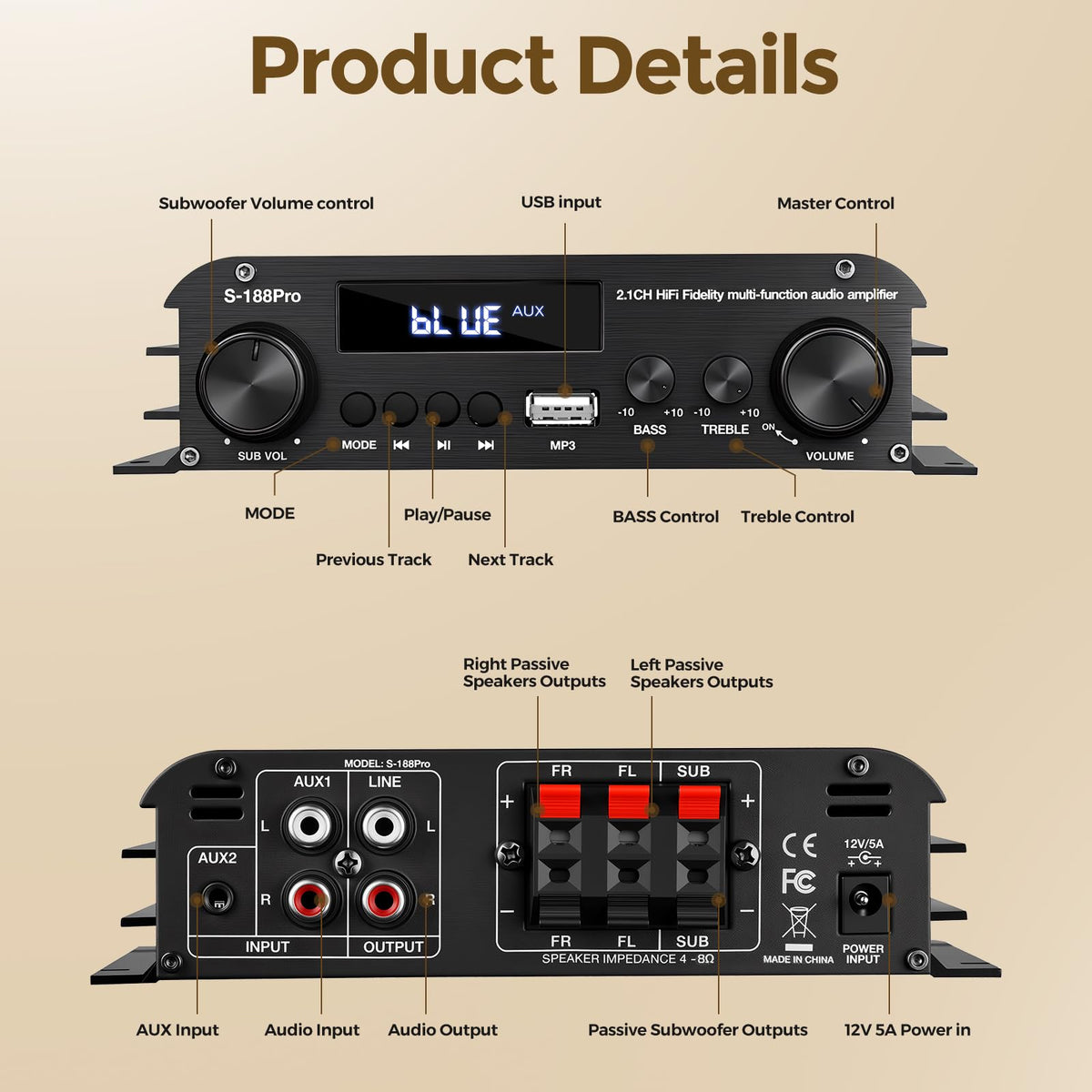 2.1 Channel Stereo Audio Amplifier Bluetooth 5.0 with Remote K286718