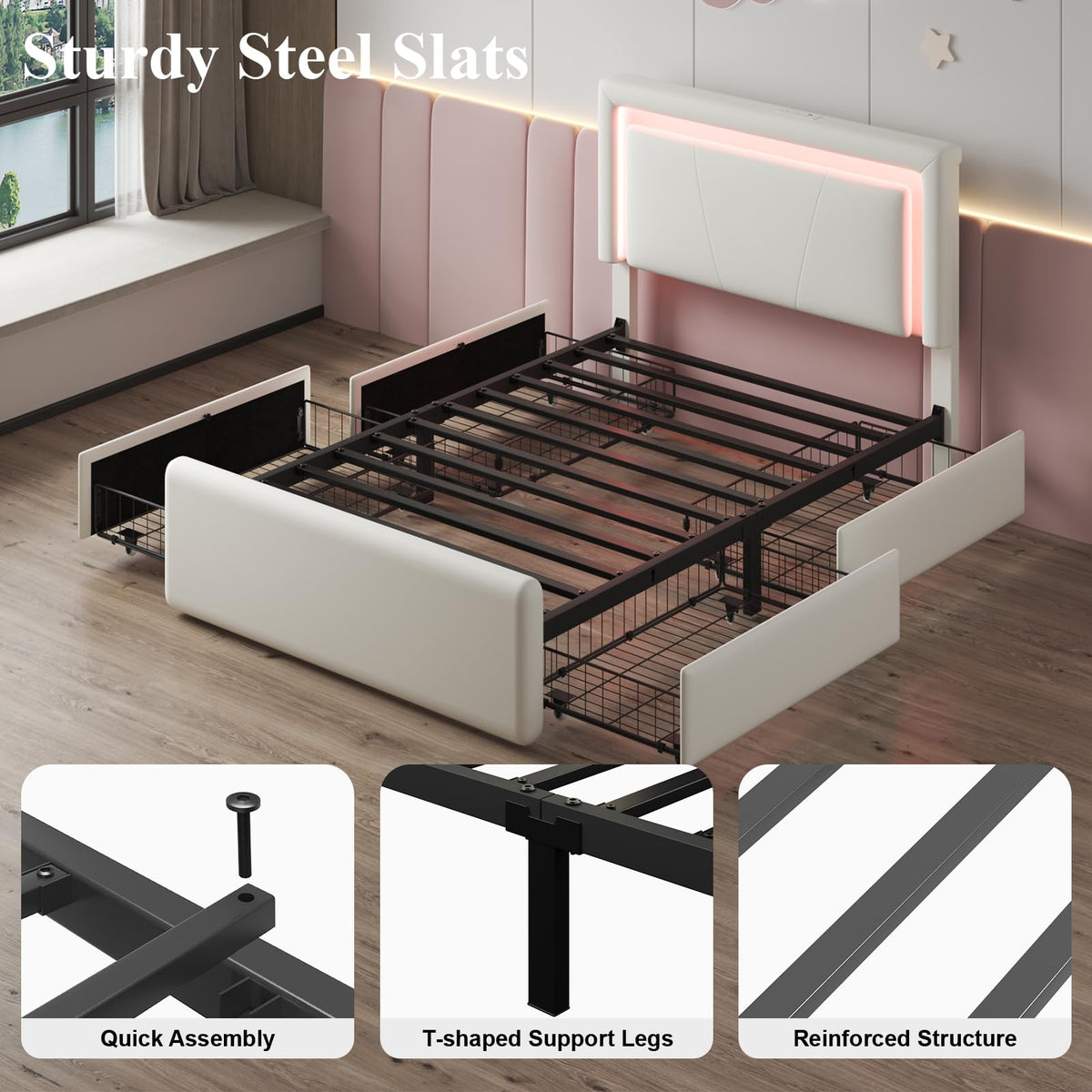 White Twin Size Bed Frame with 4 Storage Drawers I34608