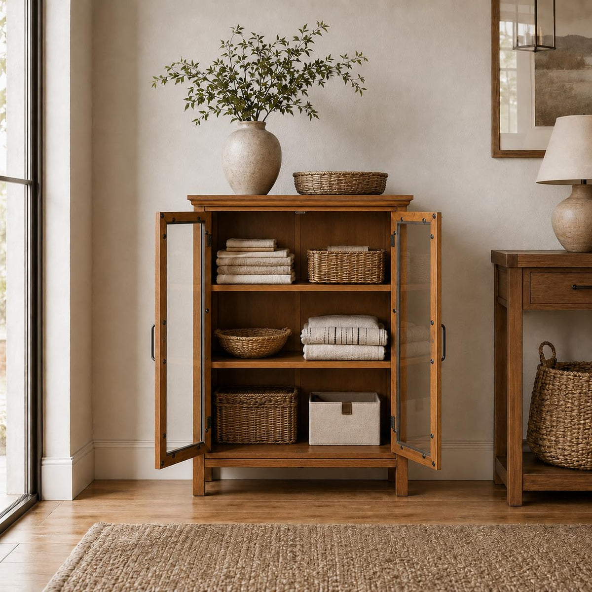 Wooden Freestanding Floor Cabinet with 2 Adjustable Shelves and 2 Glass Paneled Doors H264687