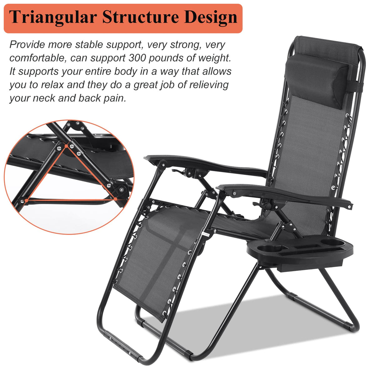 Zero Gravity Chair with Pillow and Cup Holder Trays, Black Z9667