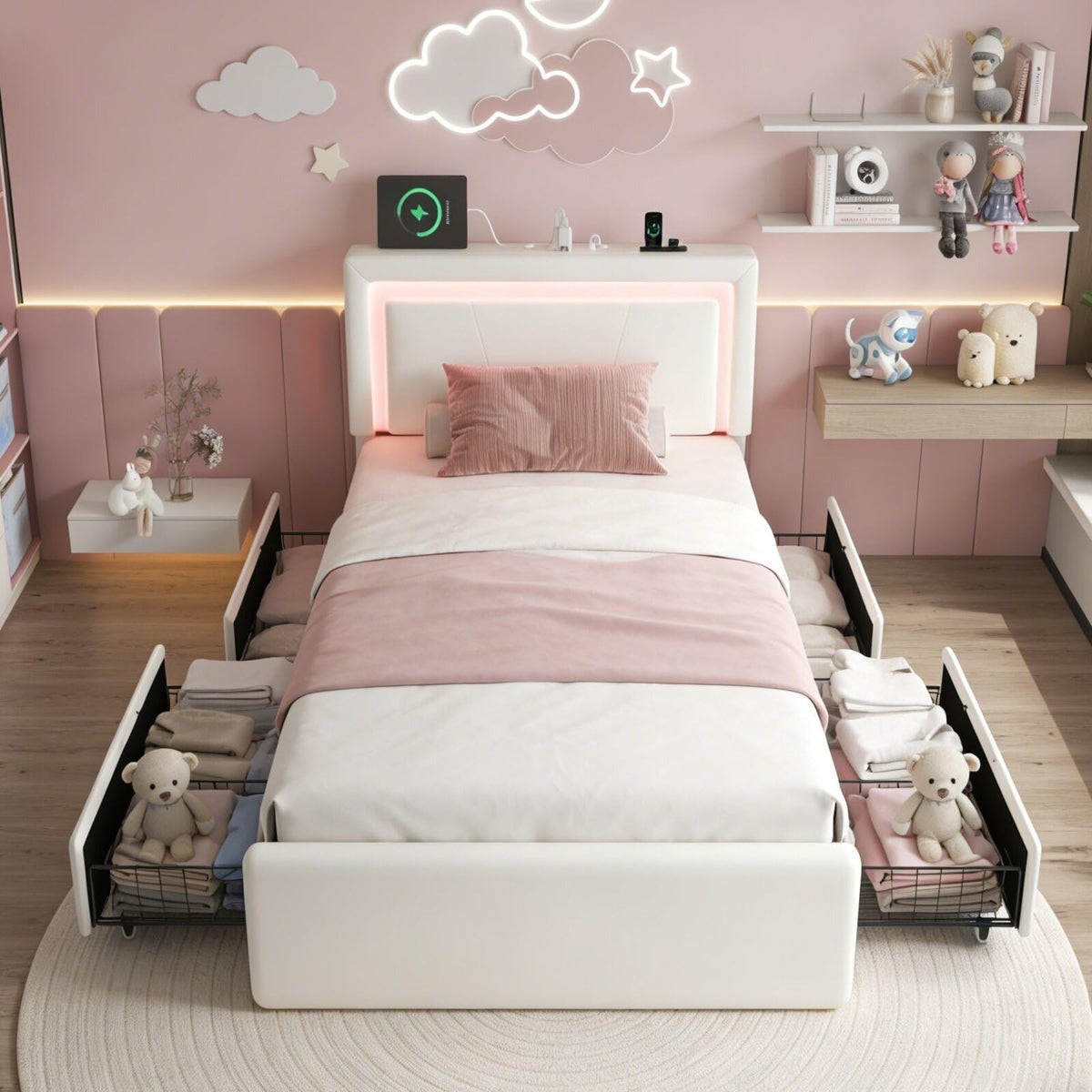 White Twin Size Bed Frame with 4 Storage Drawers I34608