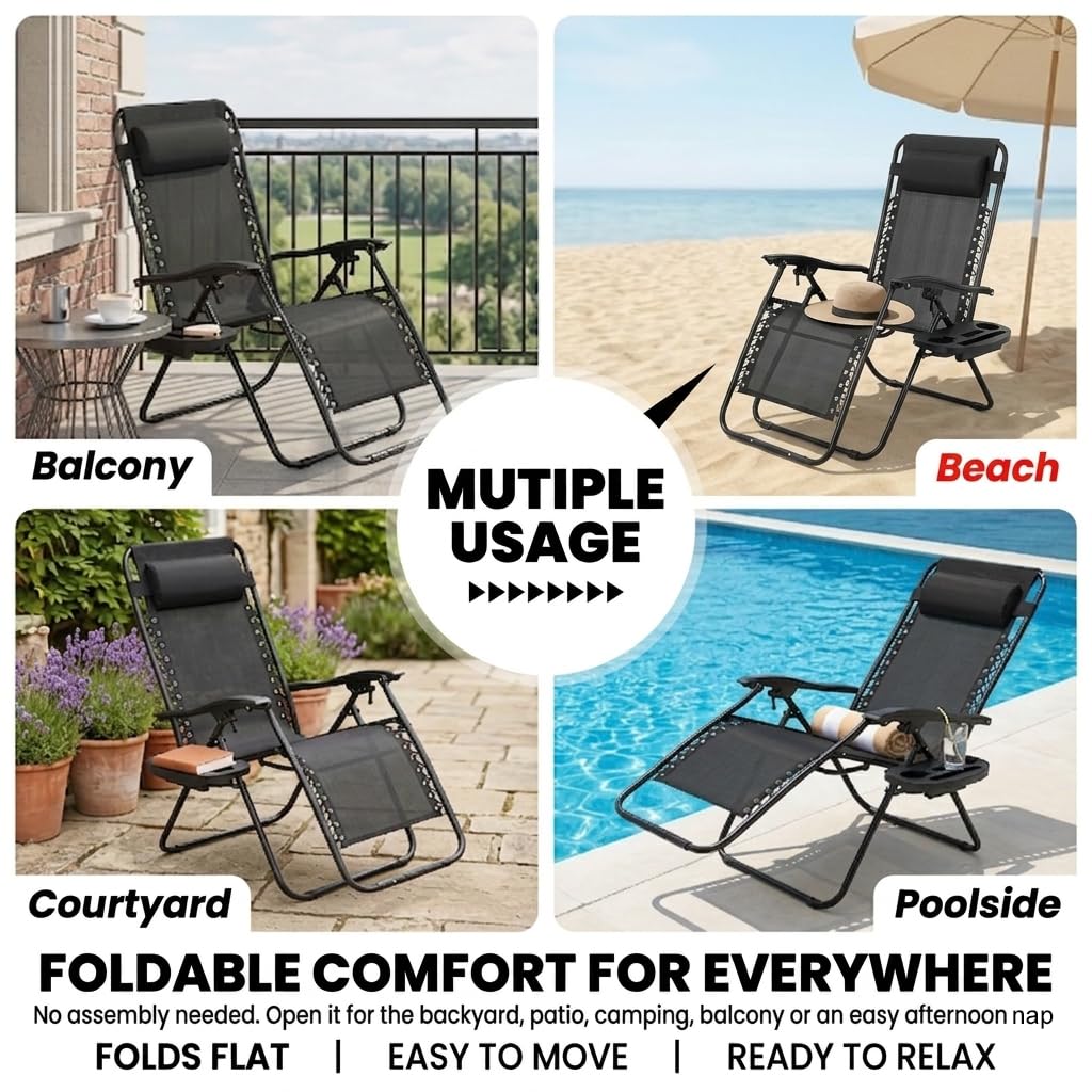 Black Zero Gravity Lounge Chair with Pillow & Cup Holder D53649