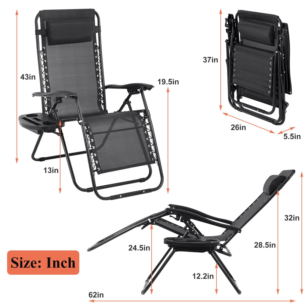 Zero Gravity Chair with Pillow and Cup Holder Trays, Black Z9667