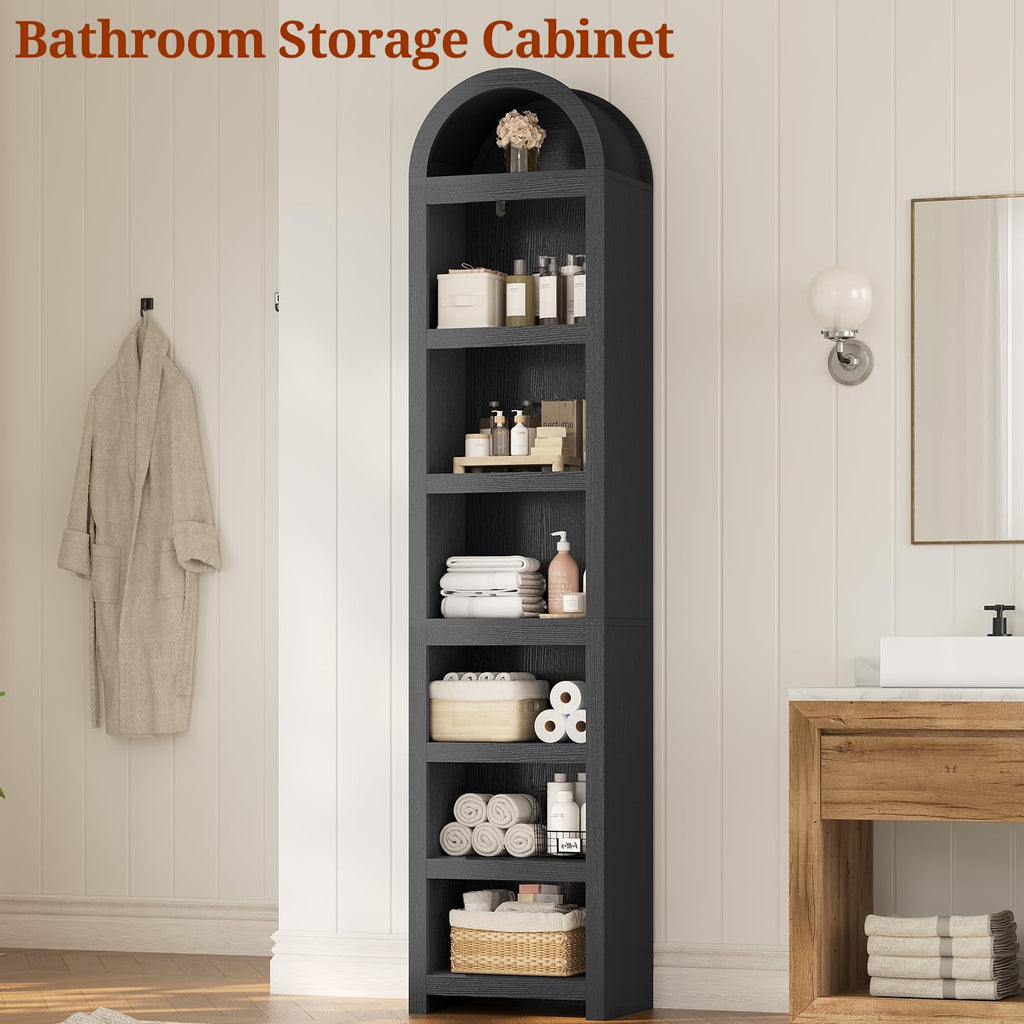76" Tall Narrow Arched Bookcase, 7-Tier Adjustable Shelves, Black J5143