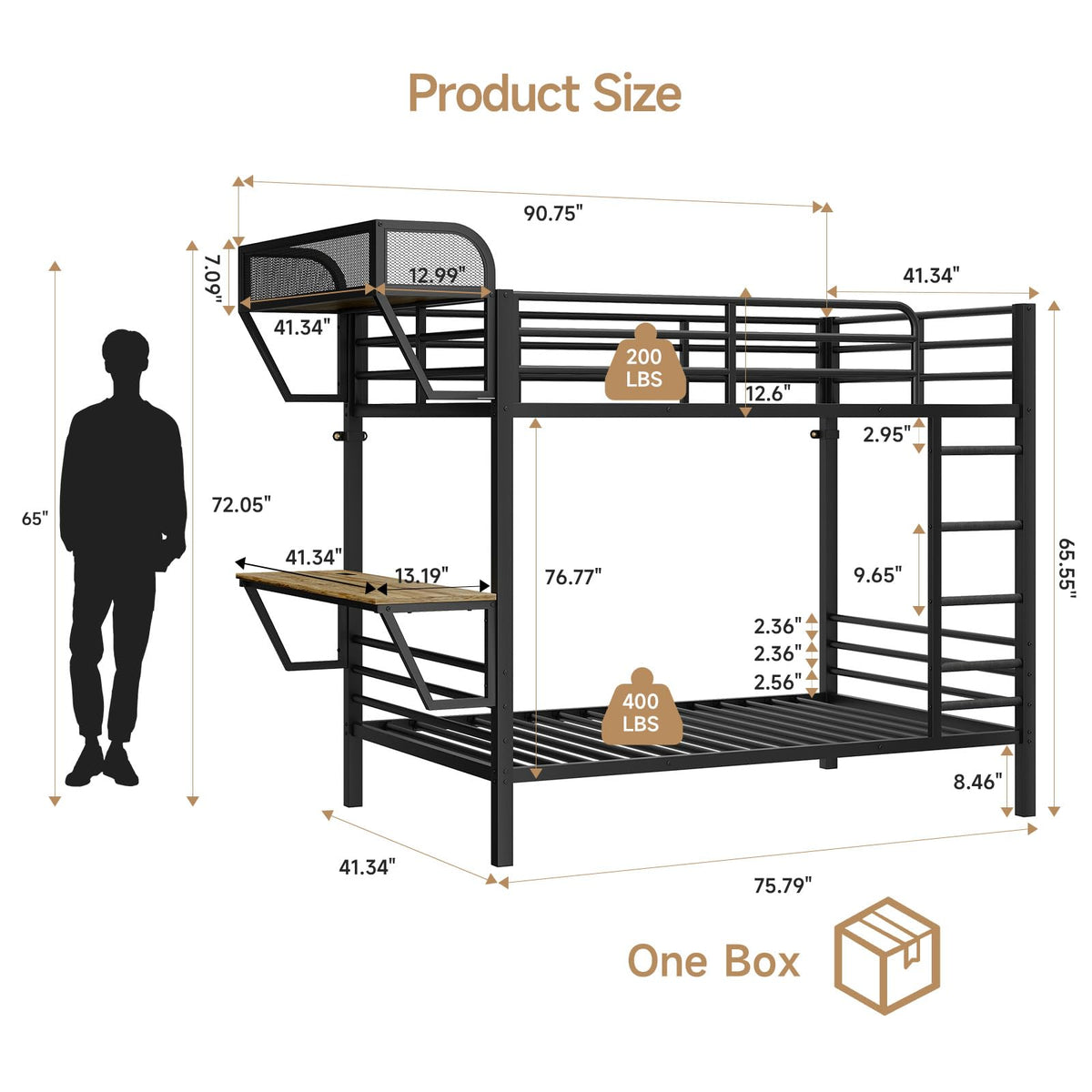 Twin Over Twin Metal Bunk Bed with Desk & Outlet M498