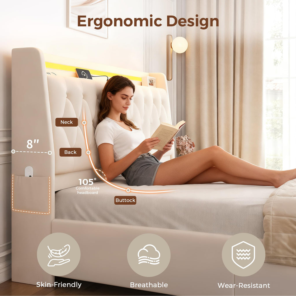 Beige Velvet Upholstered Platform Bed Frame with 2 Storage Drawers E784617
