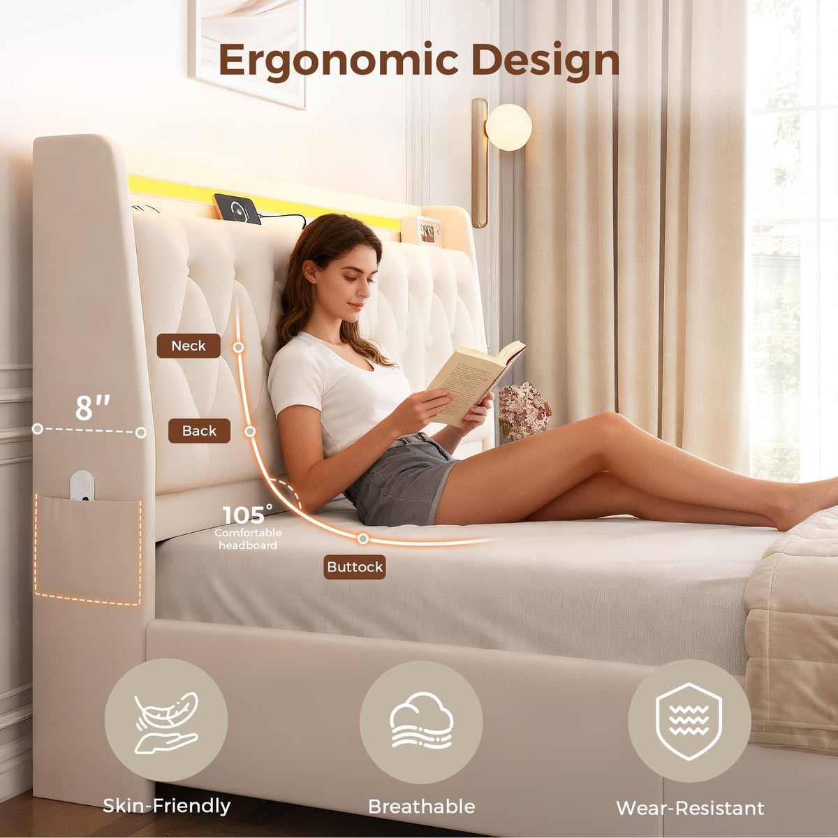 Beige Velvet Upholstered Platform Bed Frame with 2 Storage Drawers E784617