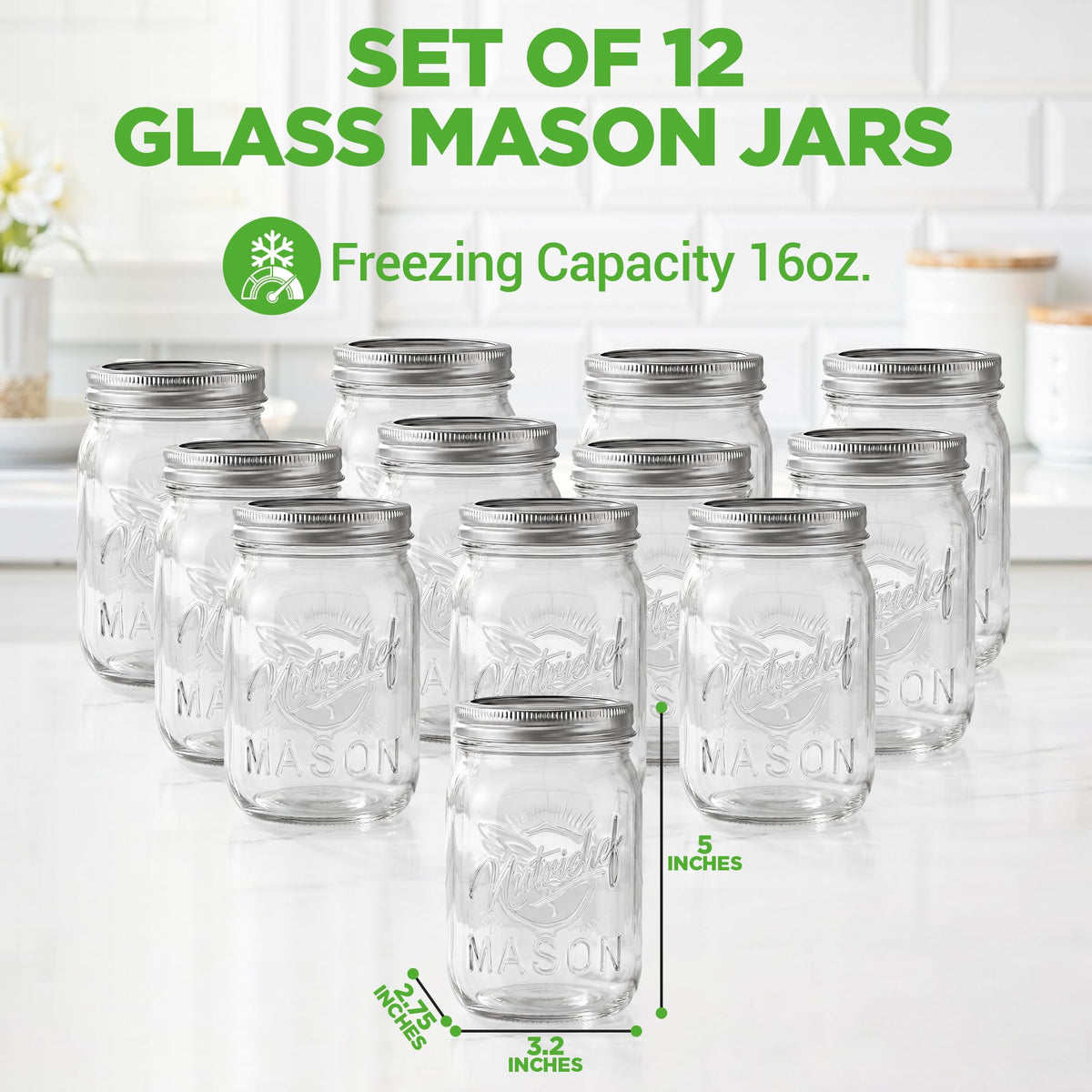16 oz. Wide Mouth Glass Food Storage Containers with Lids, 12 Pcs V25415