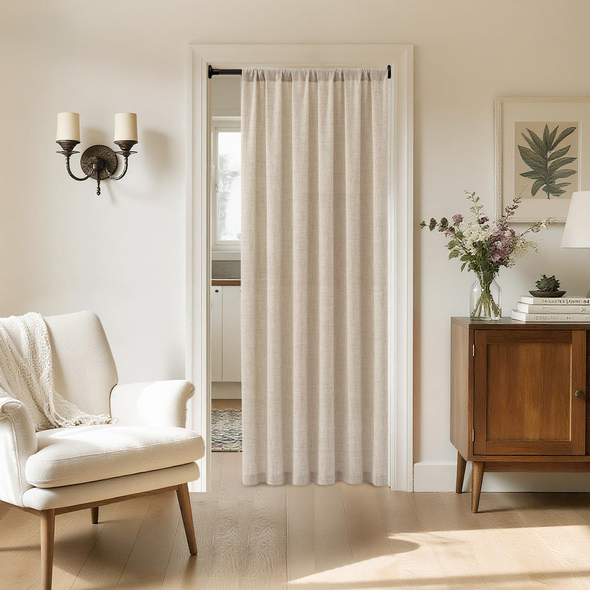 Linen Semi Sheer Door Curtain, 25 x 72 Inches, Natural, 1 Panel E210