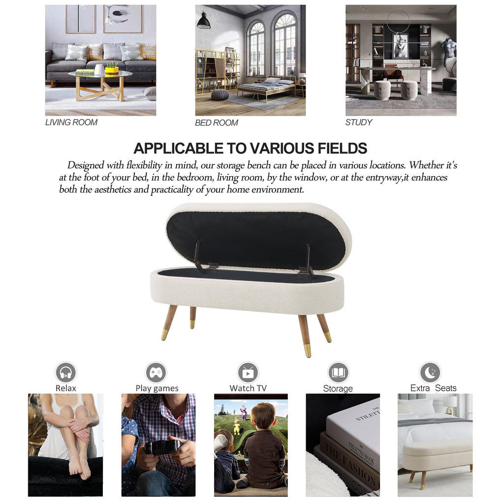 Beige Boucle Upholstered Oval Storage Bench I759118
