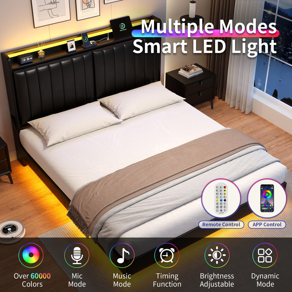 Full Size Black LED Bed Frame with Storage Headboard G568257