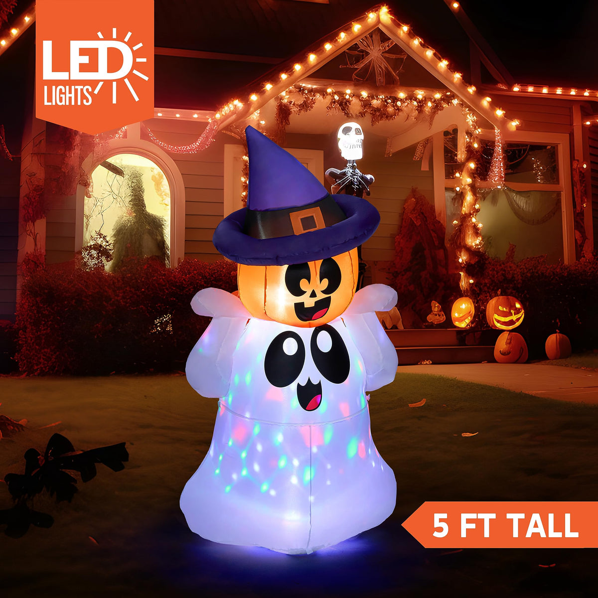 5 FT Halloween Inflatable Ghost with Colorful LEDs M86394