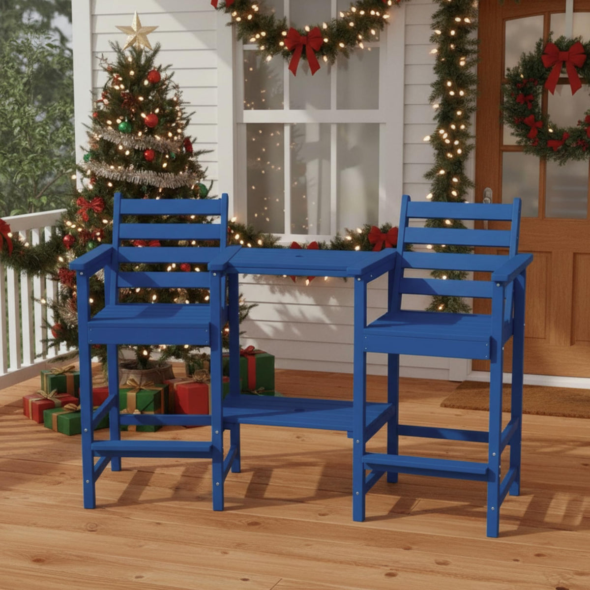 Tall Adirondack Chairs Set of 2, Bar Height HDPE Outdoor Chairs with Connecting Tray & Umbrella Hole, Navy Blue J73678