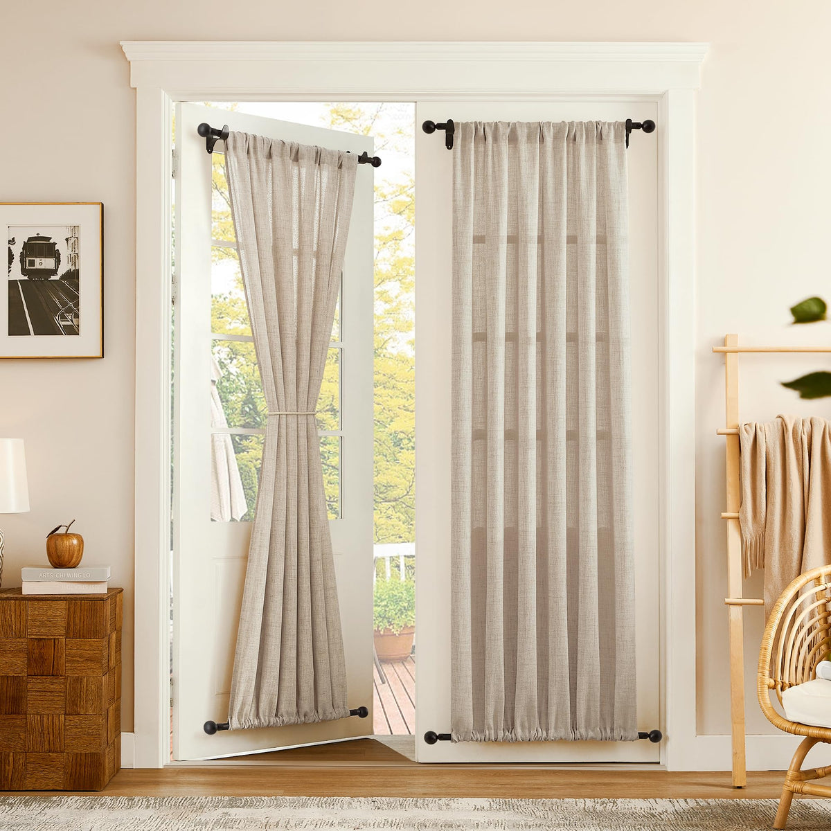Linen Semi Sheer Door Curtain, 25 x 72 Inches, Natural, 1 Panel E210