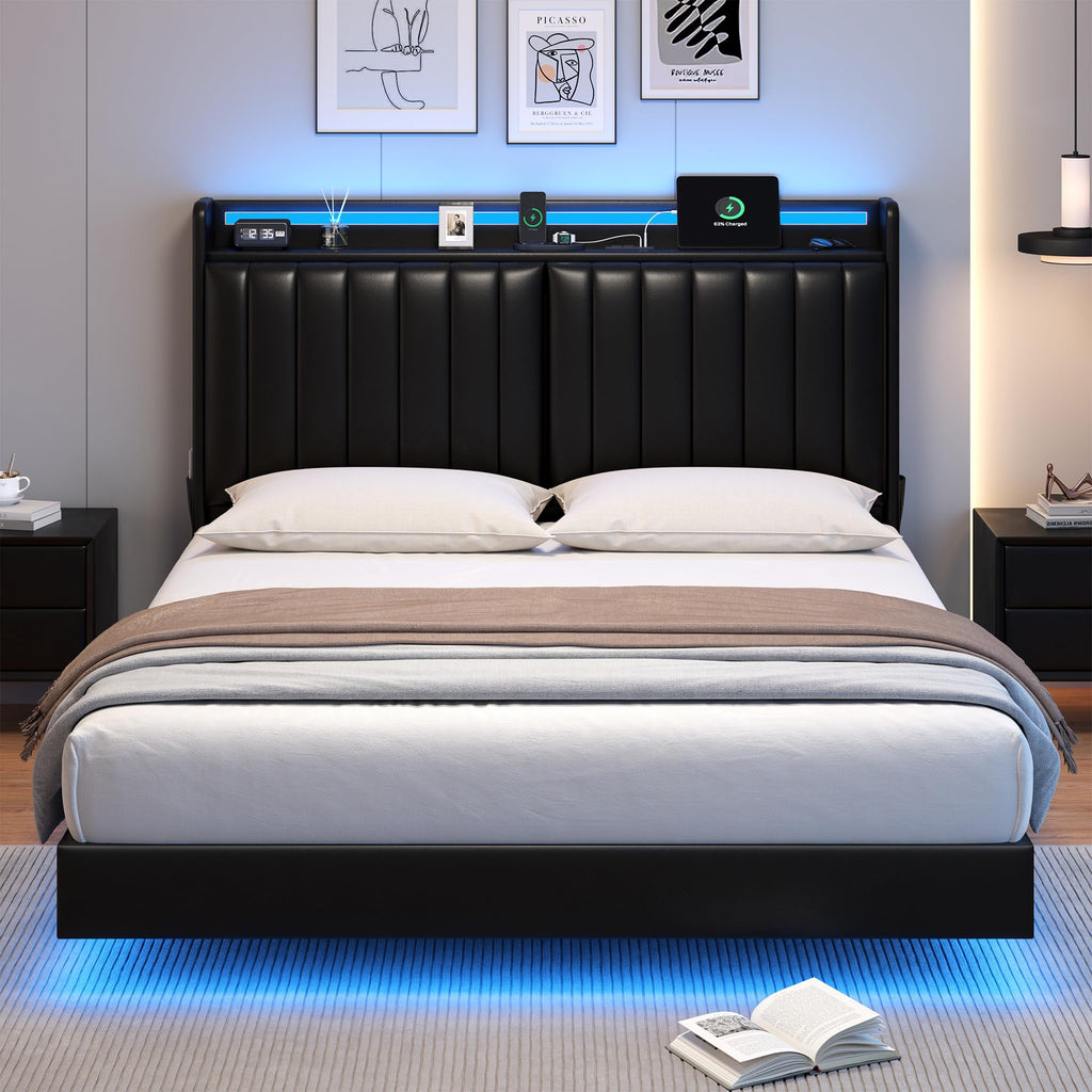 Full Size Black LED Bed Frame with Storage Headboard G568257