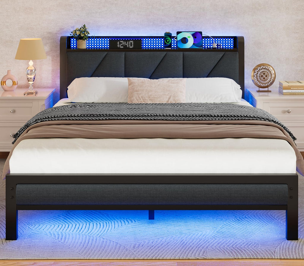 Full Size Bed Frame with Storage Shelf and Upholstered Headboard G987738