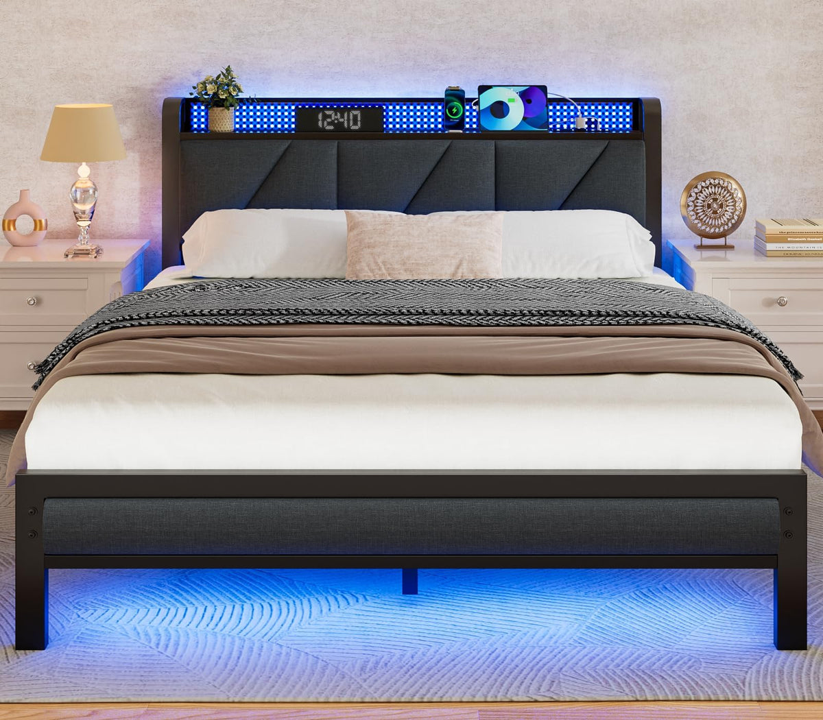 Full Size Bed Frame with Storage Shelf and Upholstered Headboard G987738