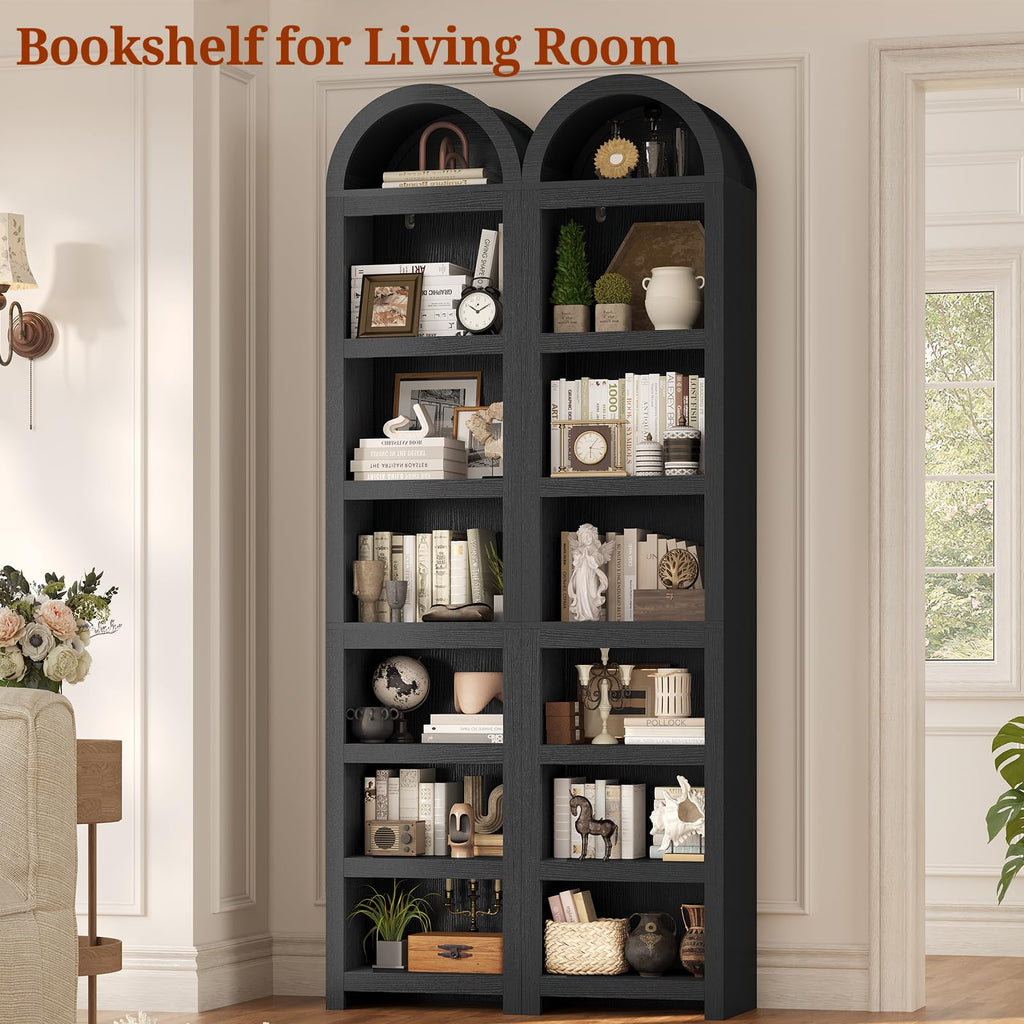 76" Tall Narrow Arched Bookcase, 7-Tier Adjustable Shelves, Black J5143