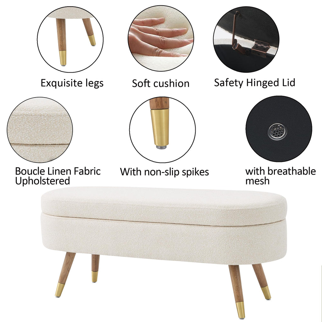 Beige Boucle Upholstered Oval Storage Bench I759118