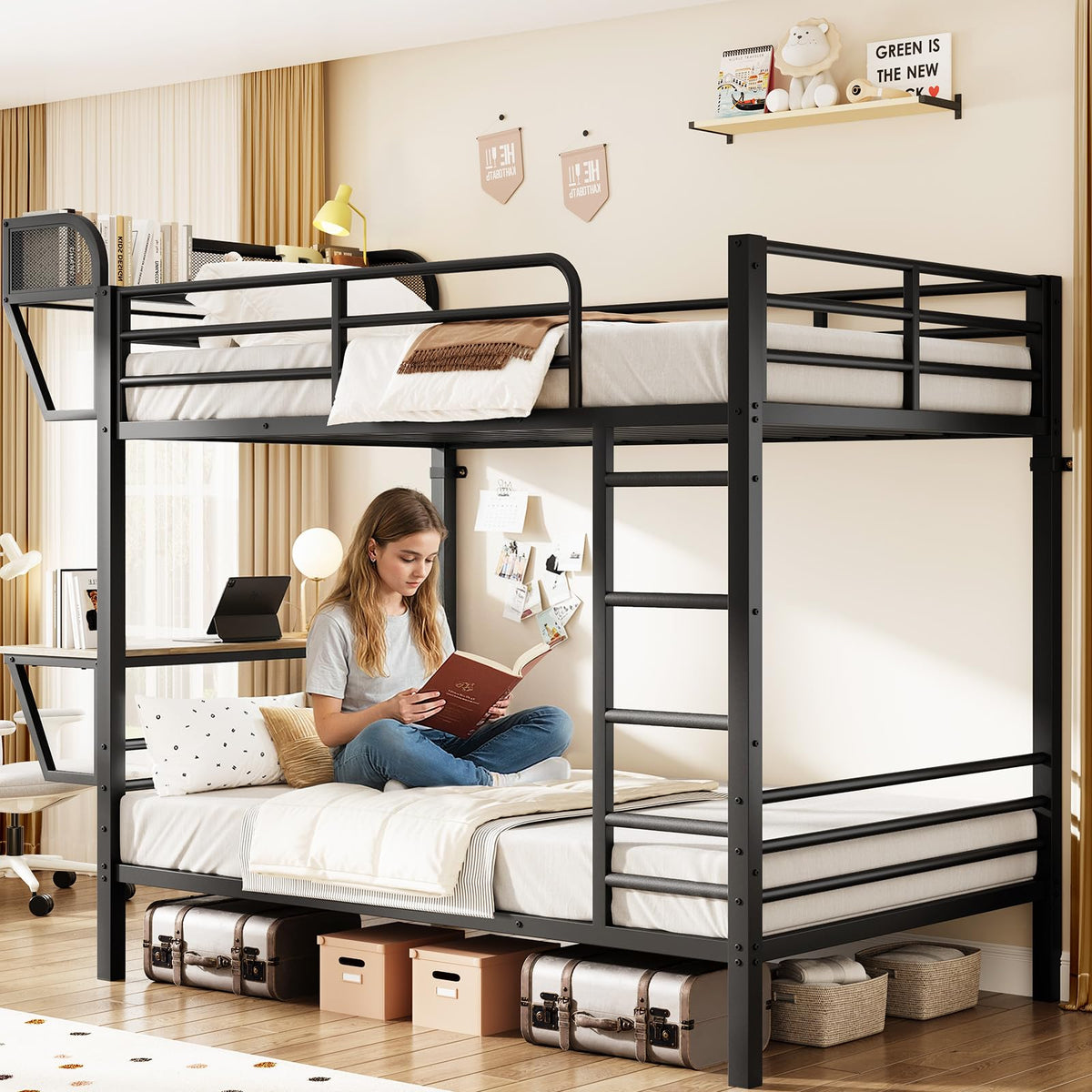 Twin Over Twin Metal Bunk Bed with Desk & Outlet M498