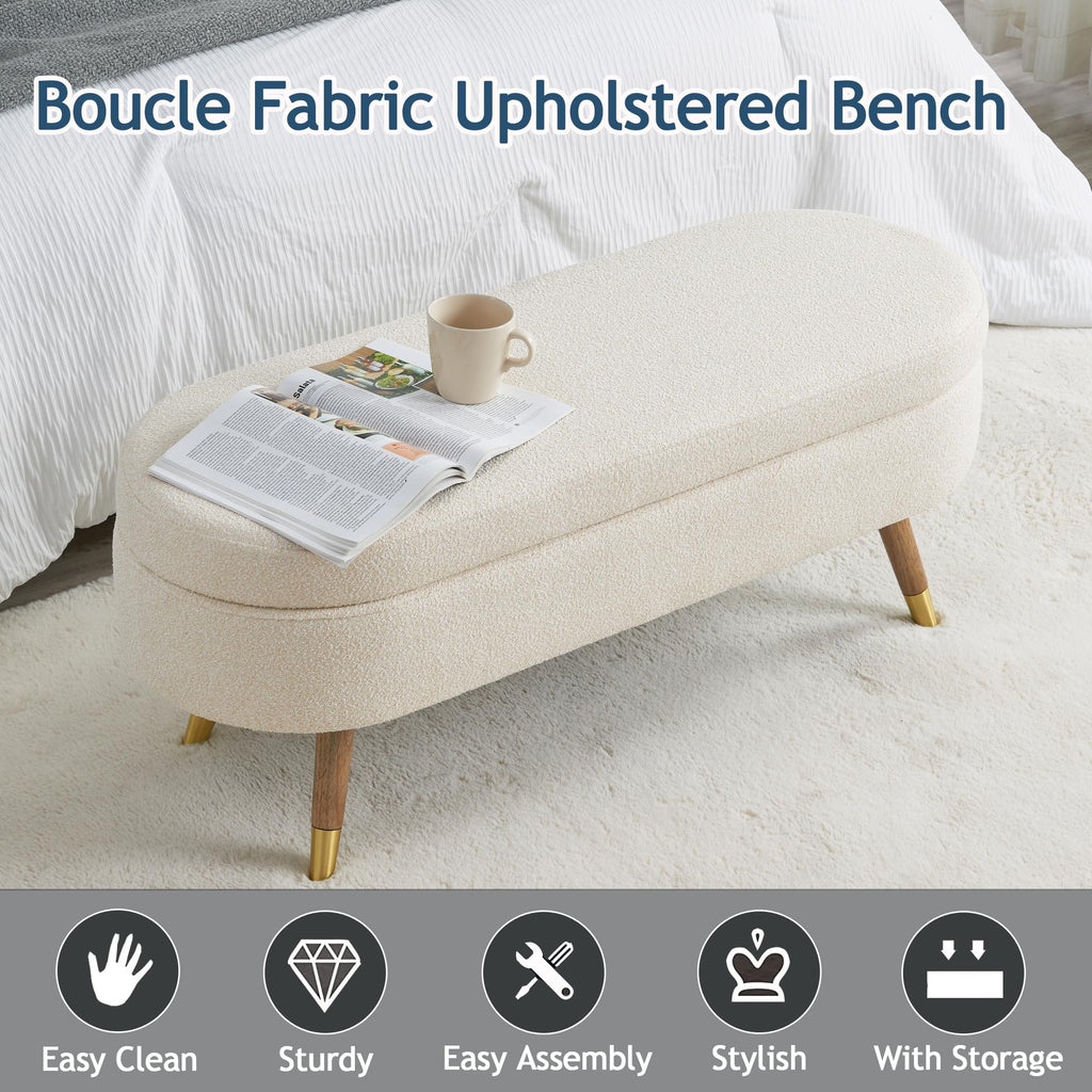 Beige Boucle Upholstered Oval Storage Bench I759118