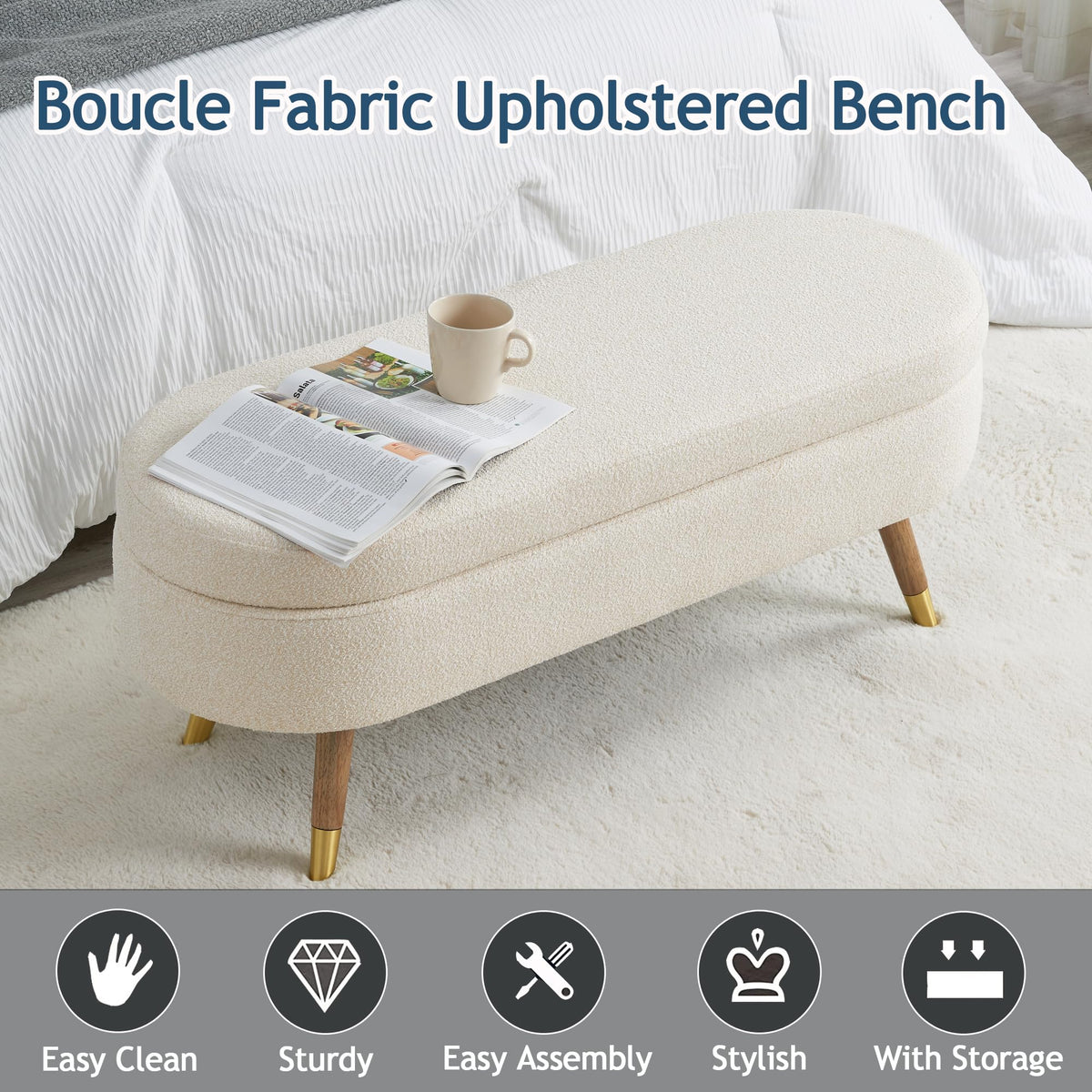 Beige Boucle Upholstered Oval Storage Bench I759118