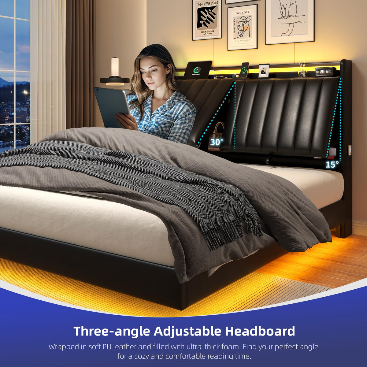 Full Size Black LED Bed Frame with Storage Headboard G568257