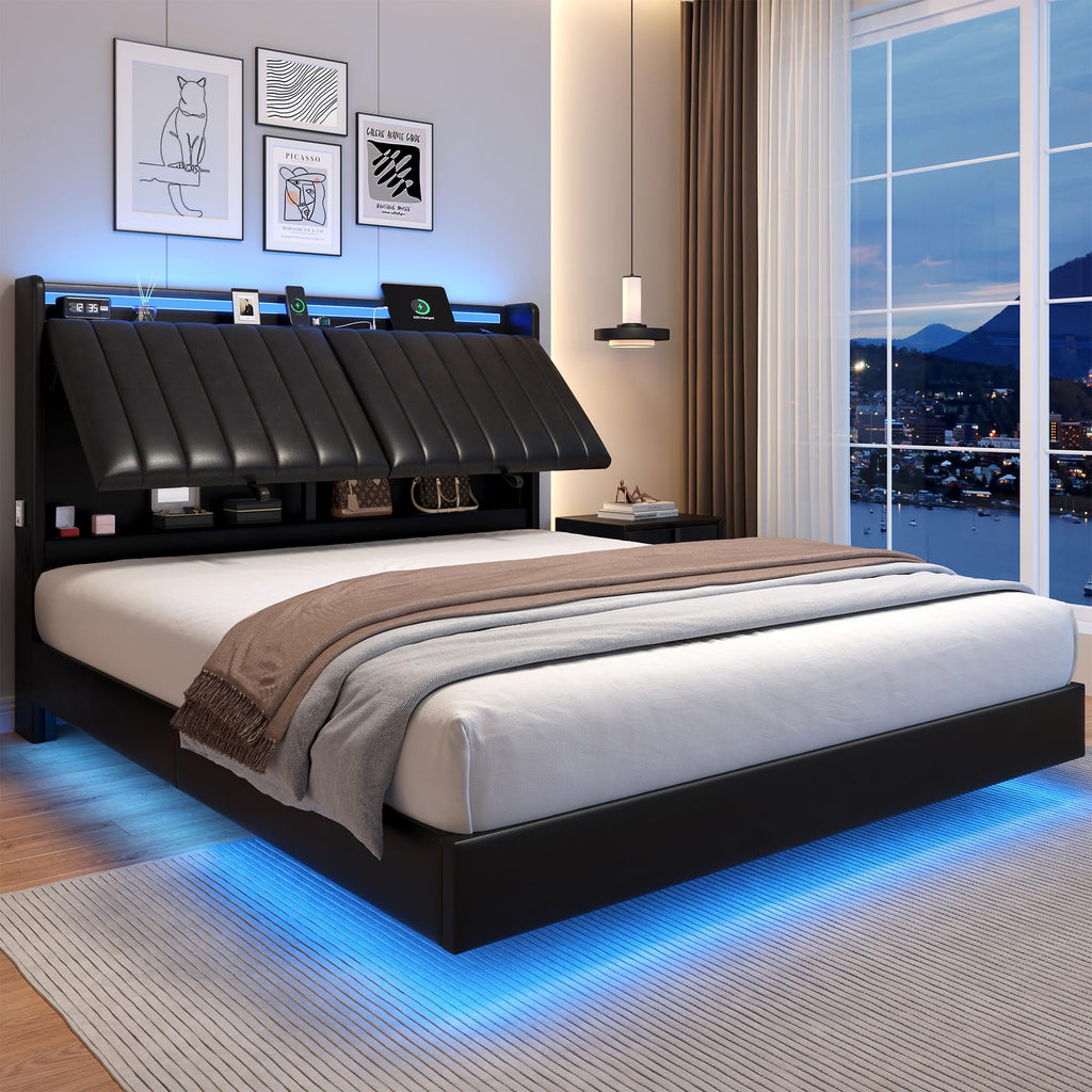 Full Size Black LED Bed Frame with Storage Headboard G568257