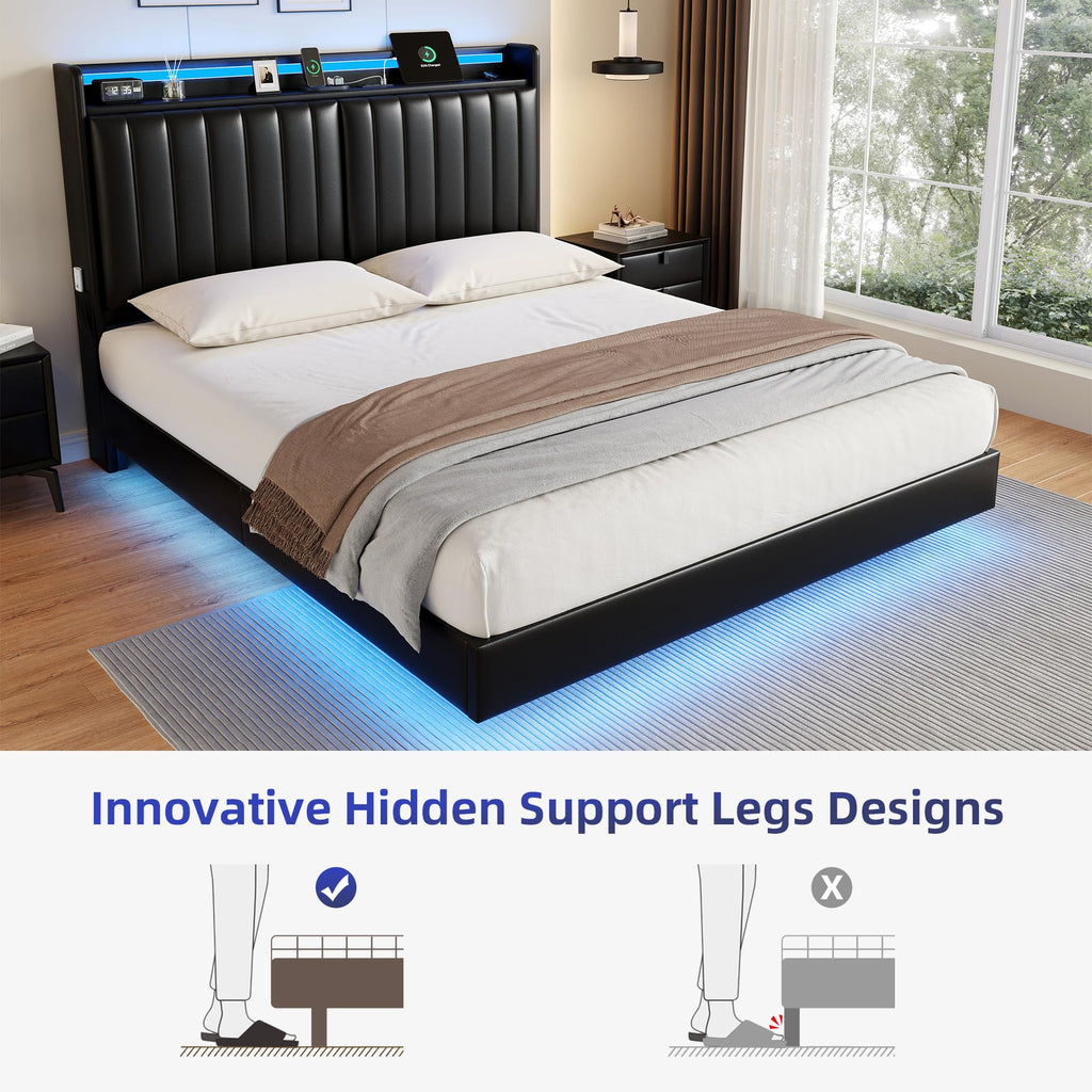 Full Size Black LED Bed Frame with Storage Headboard G568257