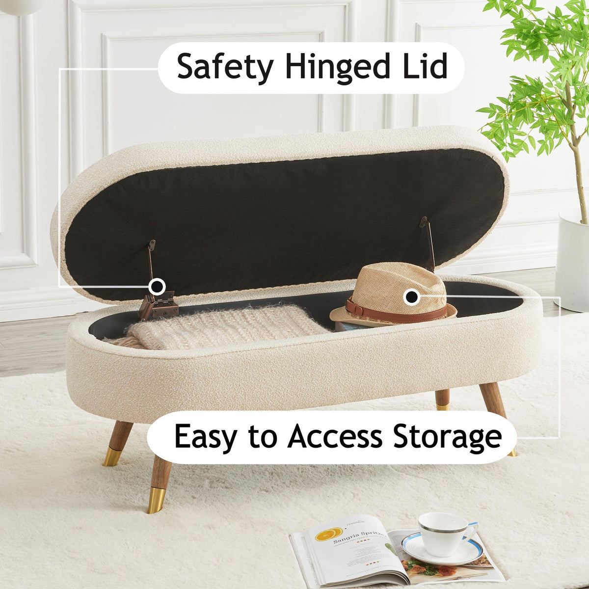 Beige Boucle Upholstered Oval Storage Bench I759118