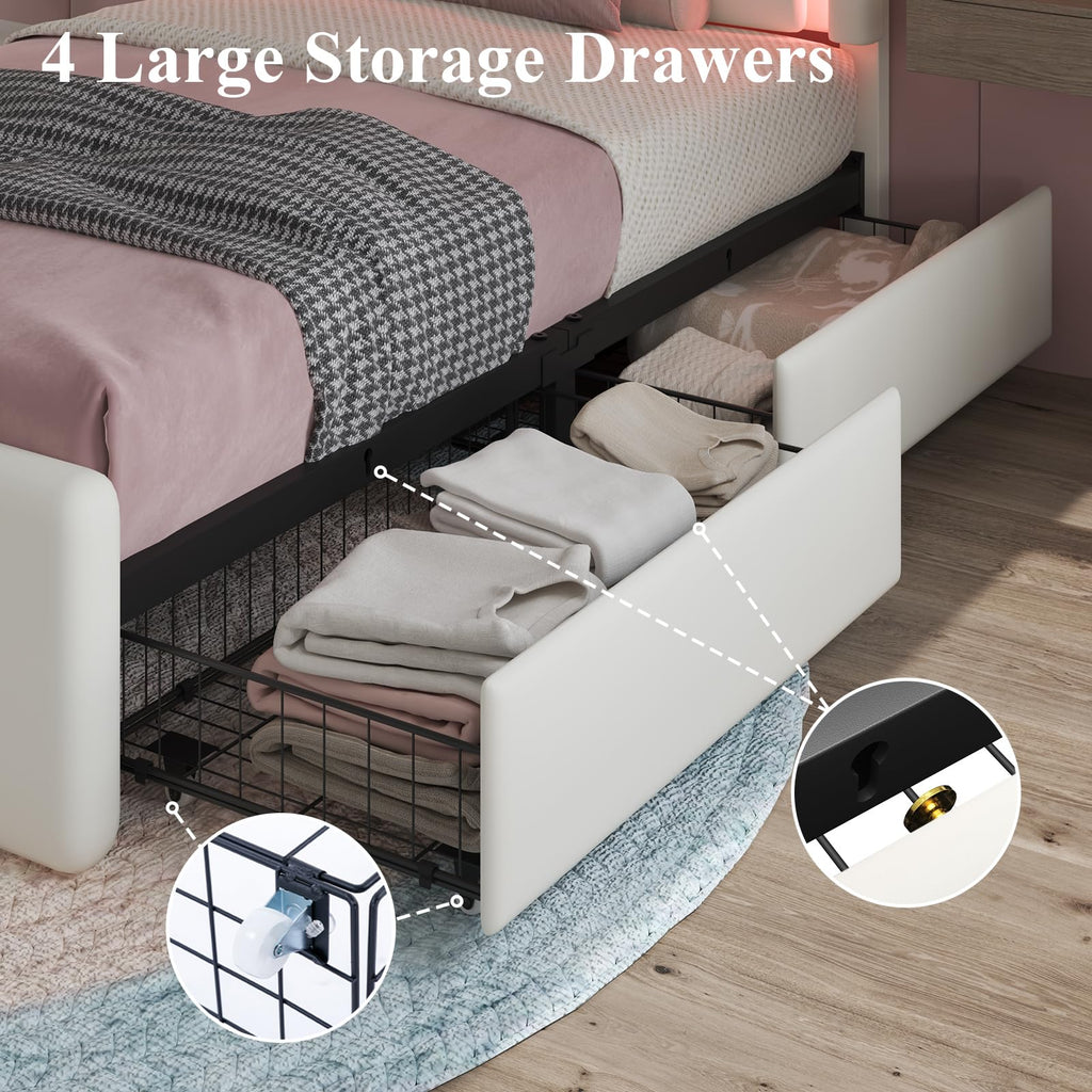 White Twin Size Bed Frame with 4 Storage Drawers I34608