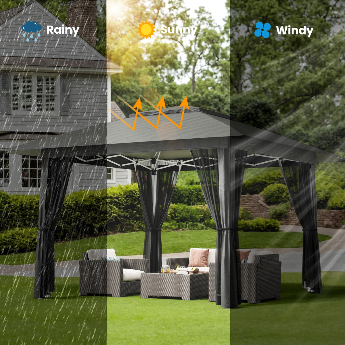13x13 Pop Up Gazebo Tent with Mosquito Netting Grey T11332