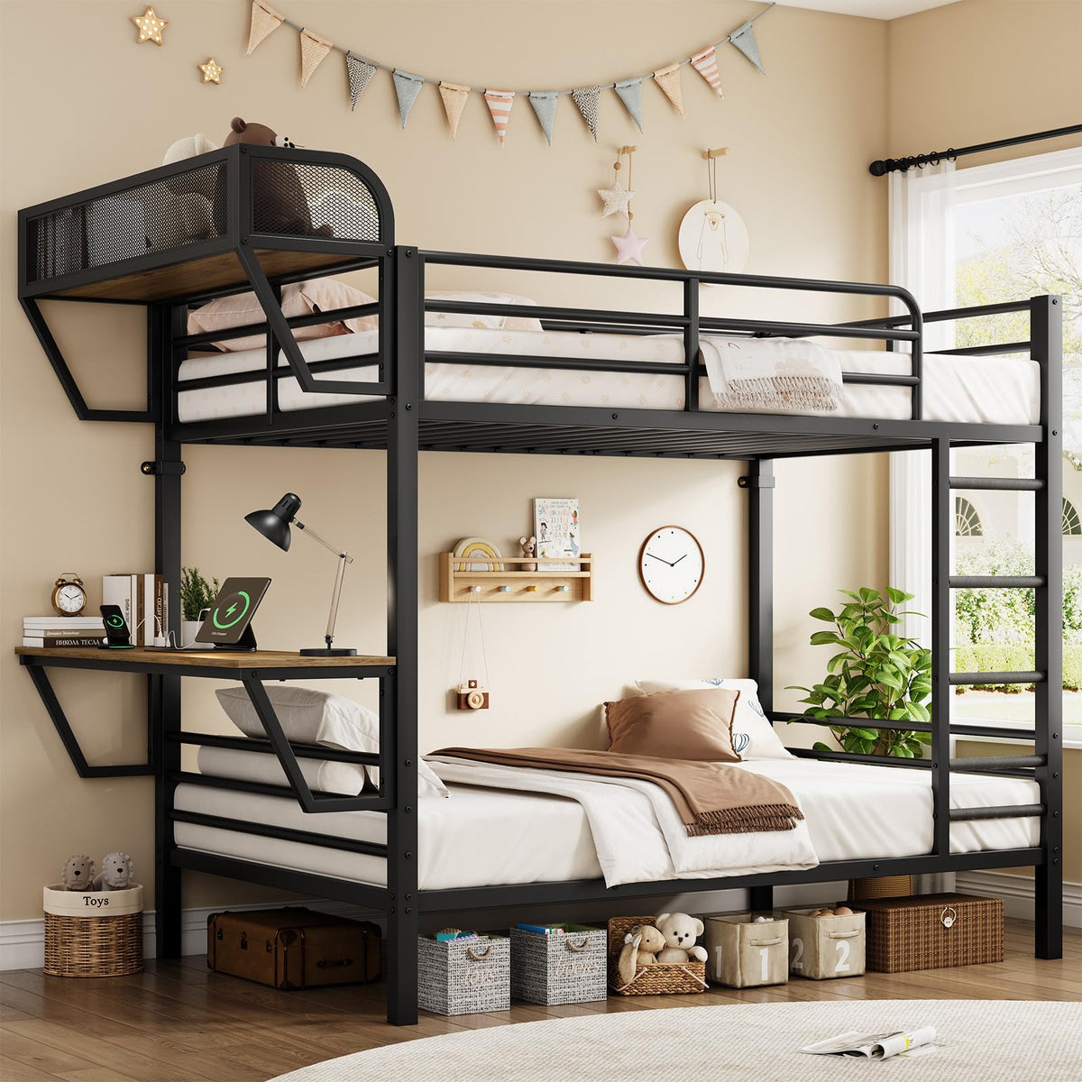 Twin Over Twin Metal Bunk Bed with Desk & Outlet M498