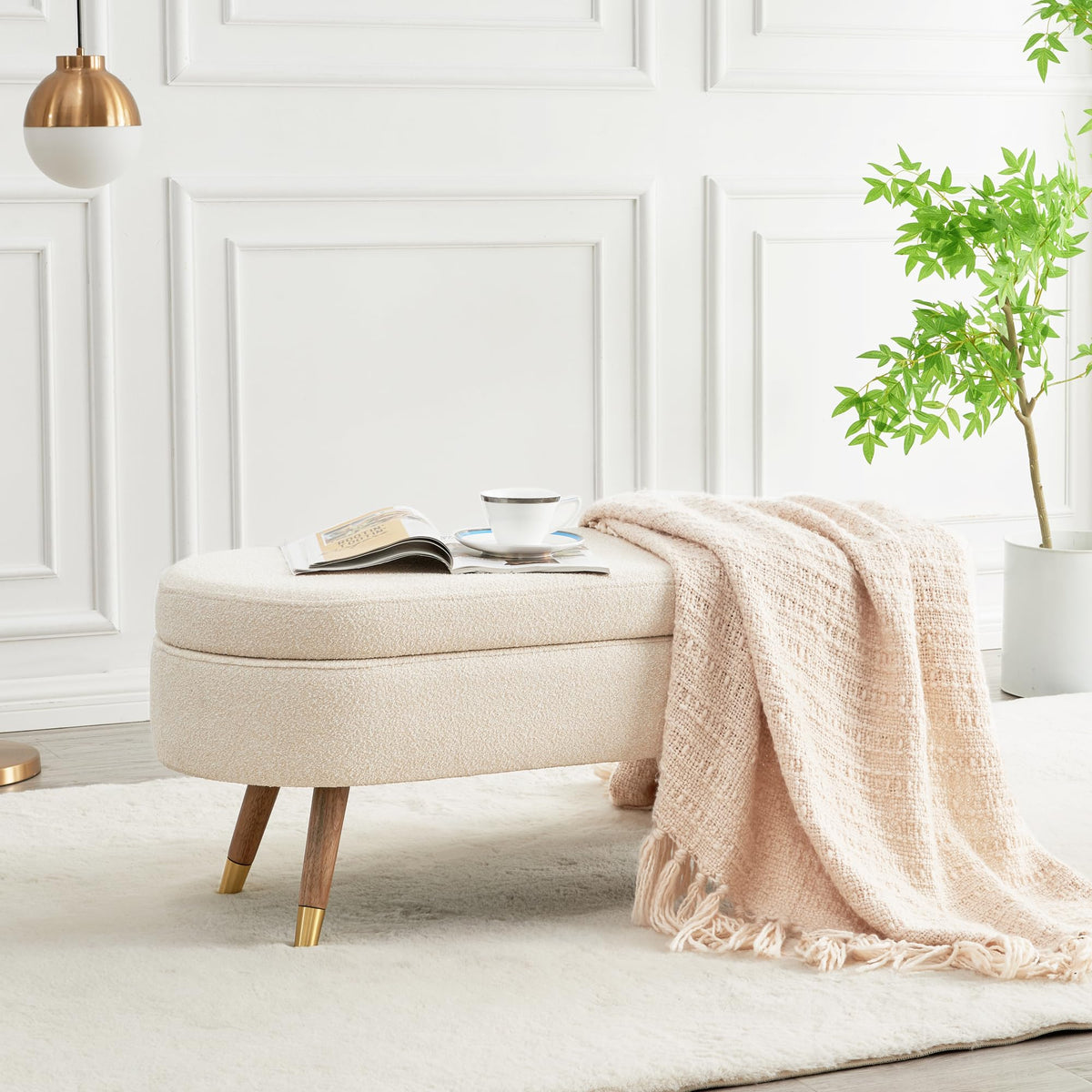 Beige Boucle Upholstered Oval Storage Bench I759118