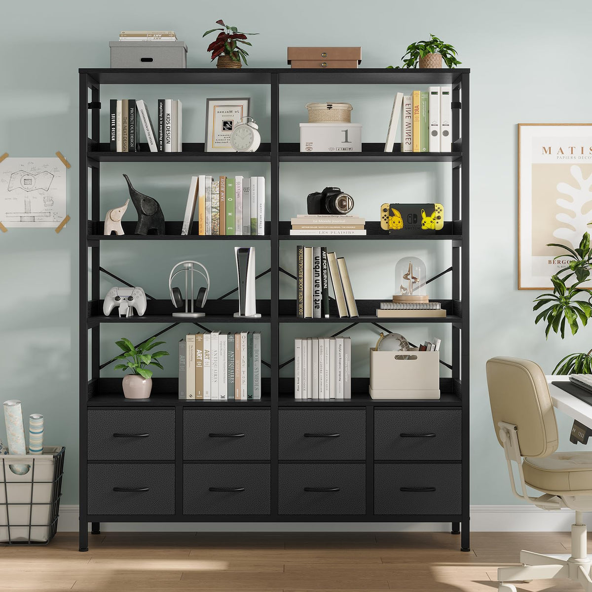 Black 8 Fabric Drawer 7-Tier Bookshelf Z50540