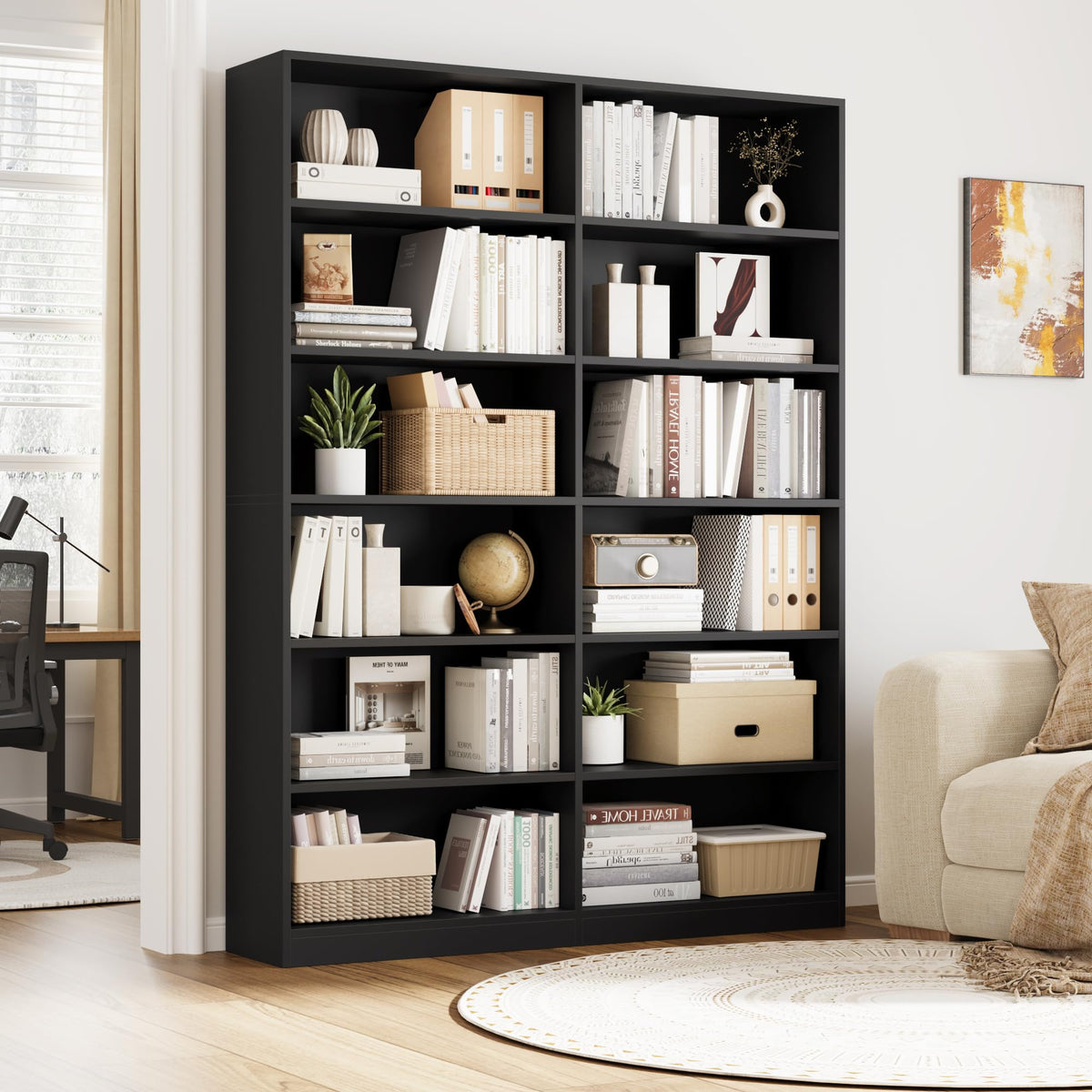 Black 6-Tier Double Wide Bookshelf C8588