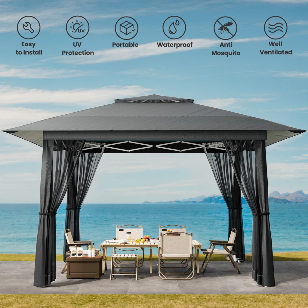 13x13 Pop Up Gazebo Tent with Mosquito Netting Grey T11332