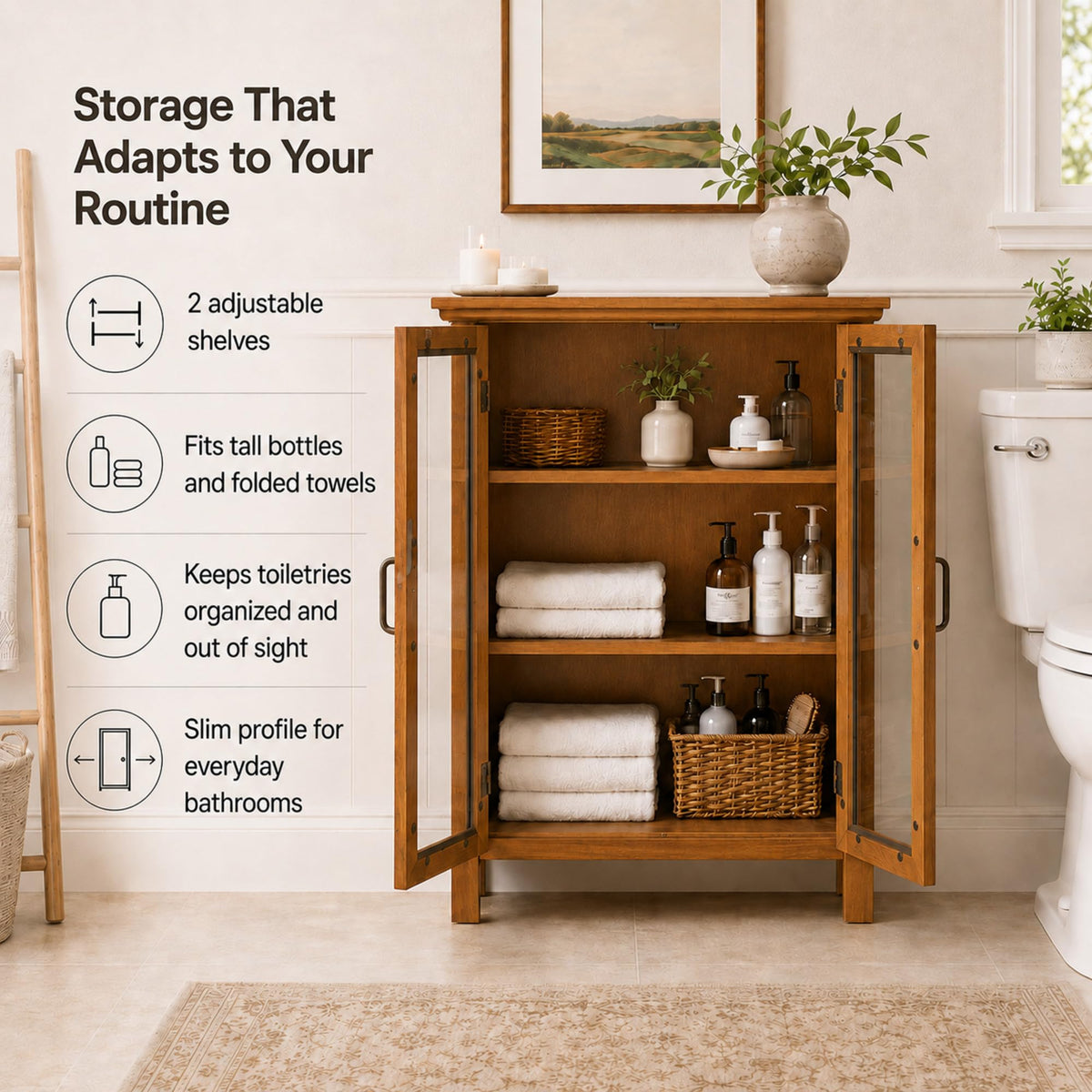Wooden Freestanding Floor Cabinet with 2 Adjustable Shelves and 2 Glass Paneled Doors H264687