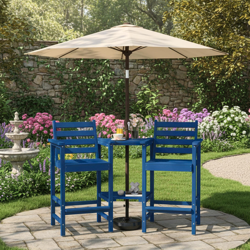 Tall Adirondack Chairs Set of 2, Bar Height HDPE Outdoor Chairs with Connecting Tray & Umbrella Hole, Navy Blue J73678