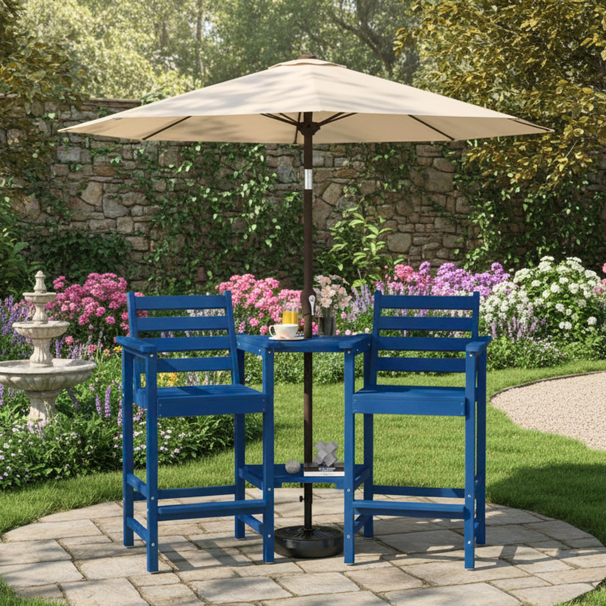 Tall Adirondack Chairs Set of 2, Bar Height HDPE Outdoor Chairs with Connecting Tray & Umbrella Hole, Navy Blue J73678