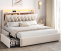 Beige Velvet Upholstered Platform Bed Frame with 2 Storage Drawers E784617