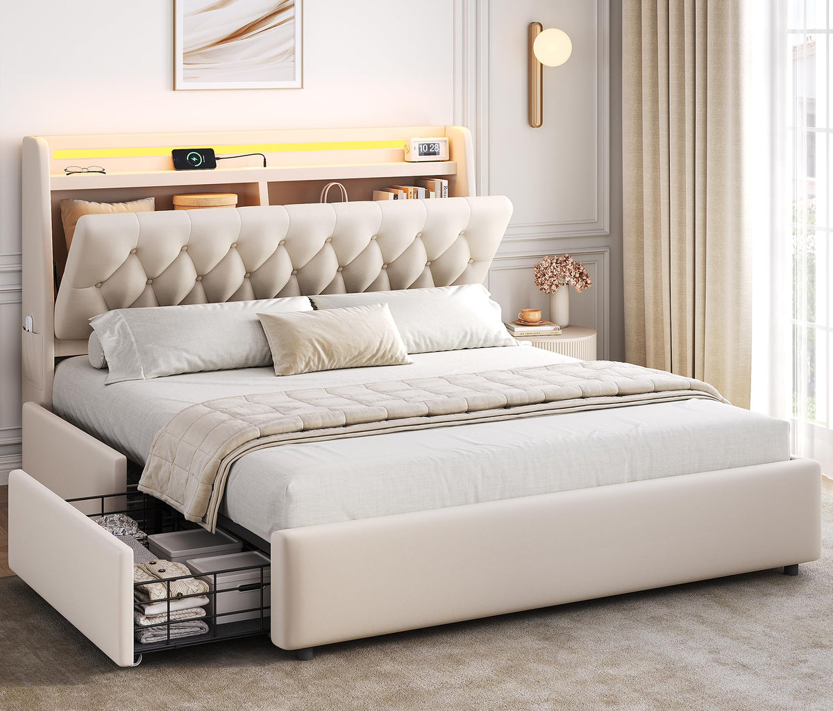Beige Velvet Upholstered Platform Bed Frame with 2 Storage Drawers E784617