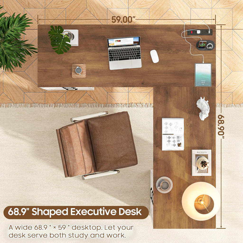Brown L Shaped Executive Desk with 6 Drawers G65907