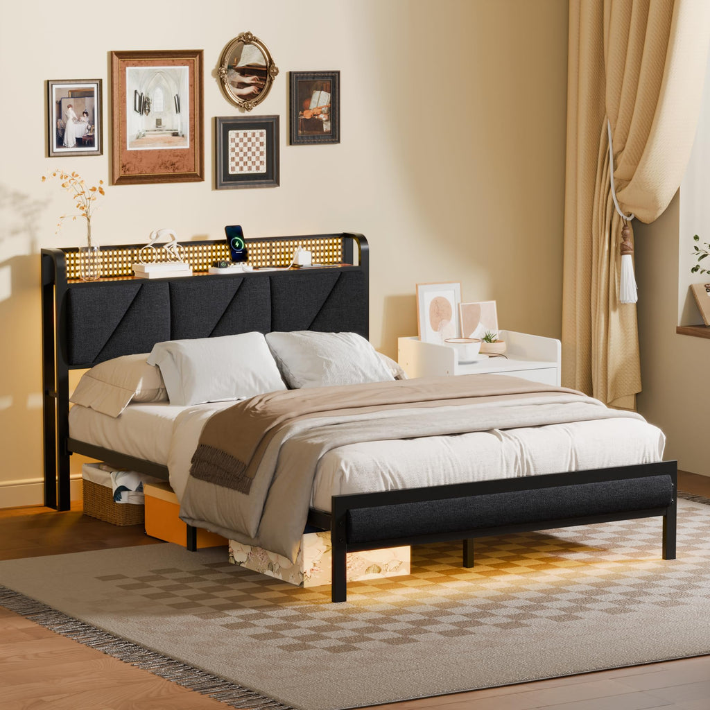 Full Size Bed Frame with Storage Shelf and Upholstered Headboard G987738