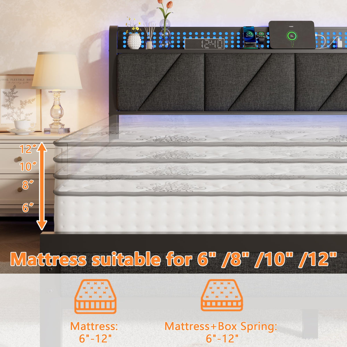 Full Size Bed Frame with Storage Shelf and Upholstered Headboard G987738