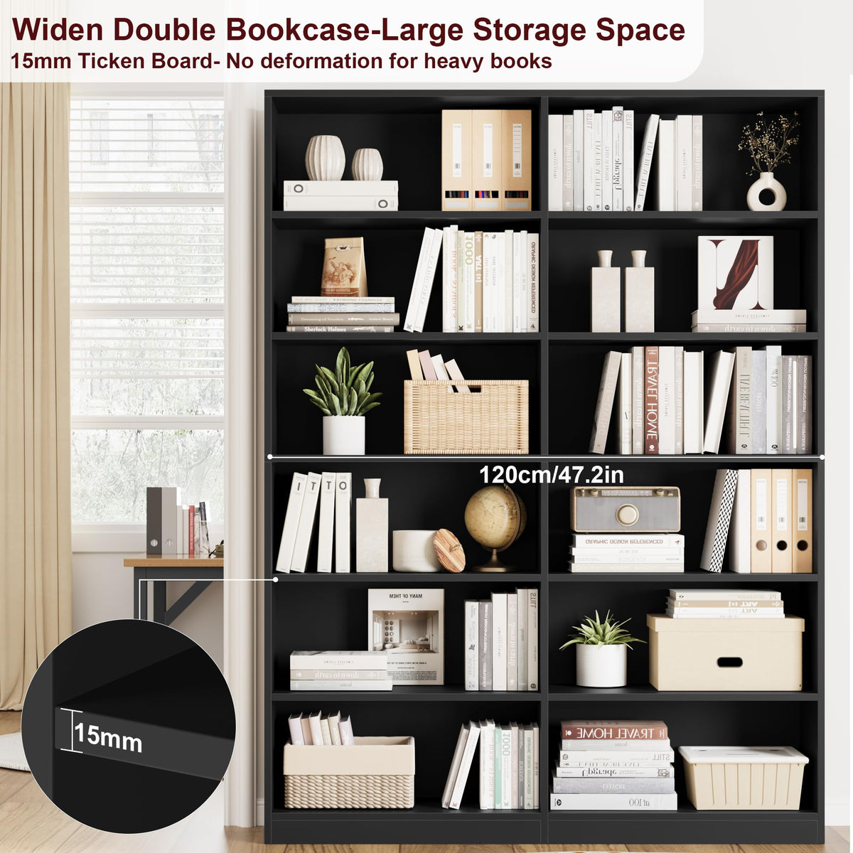 Black 6-Tier Double Wide Bookshelf C8588